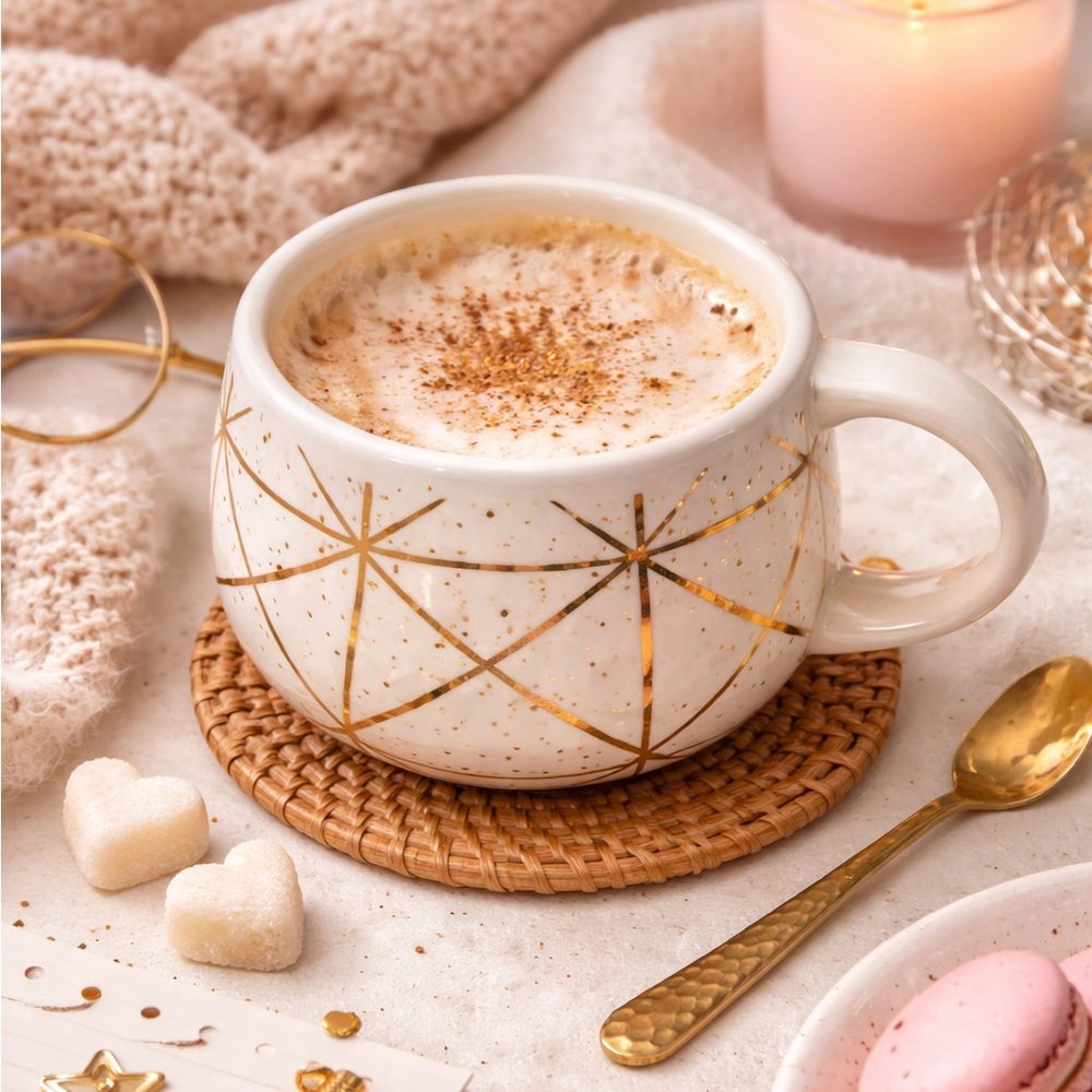 Anthropologie Oleanna Gold Foiled Geometric Starburst Mug Ceramic Coffee Cup